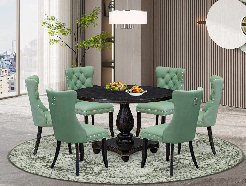 Luxe by East West Furniture I2DA7-411-22 7 Piece Dinette Set Consists of a 48" Round Table with Pedestal and 6 Willow Green Faux Leather Dining Chairs, Sand Blasted Black