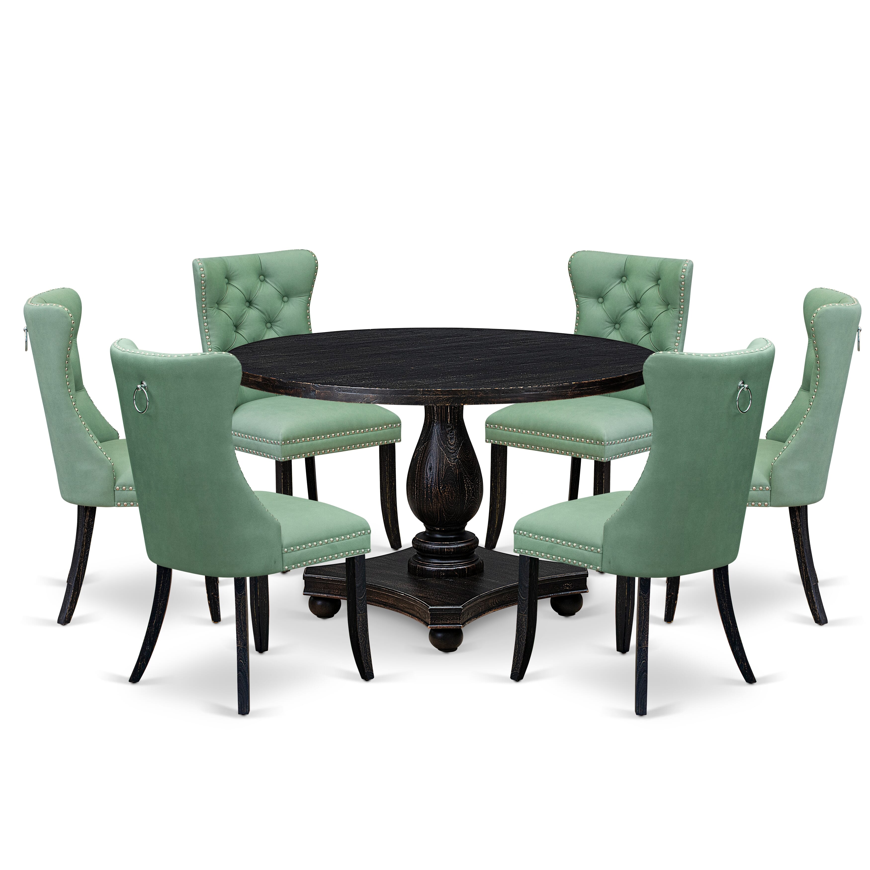 Luxe by East West Furniture I2DA7-411-22 7 Piece Dinette Set Consists of a 48" Round Table with Pedestal and 6 Willow Green Faux Leather Dining Chairs, Sand Blasted Black
