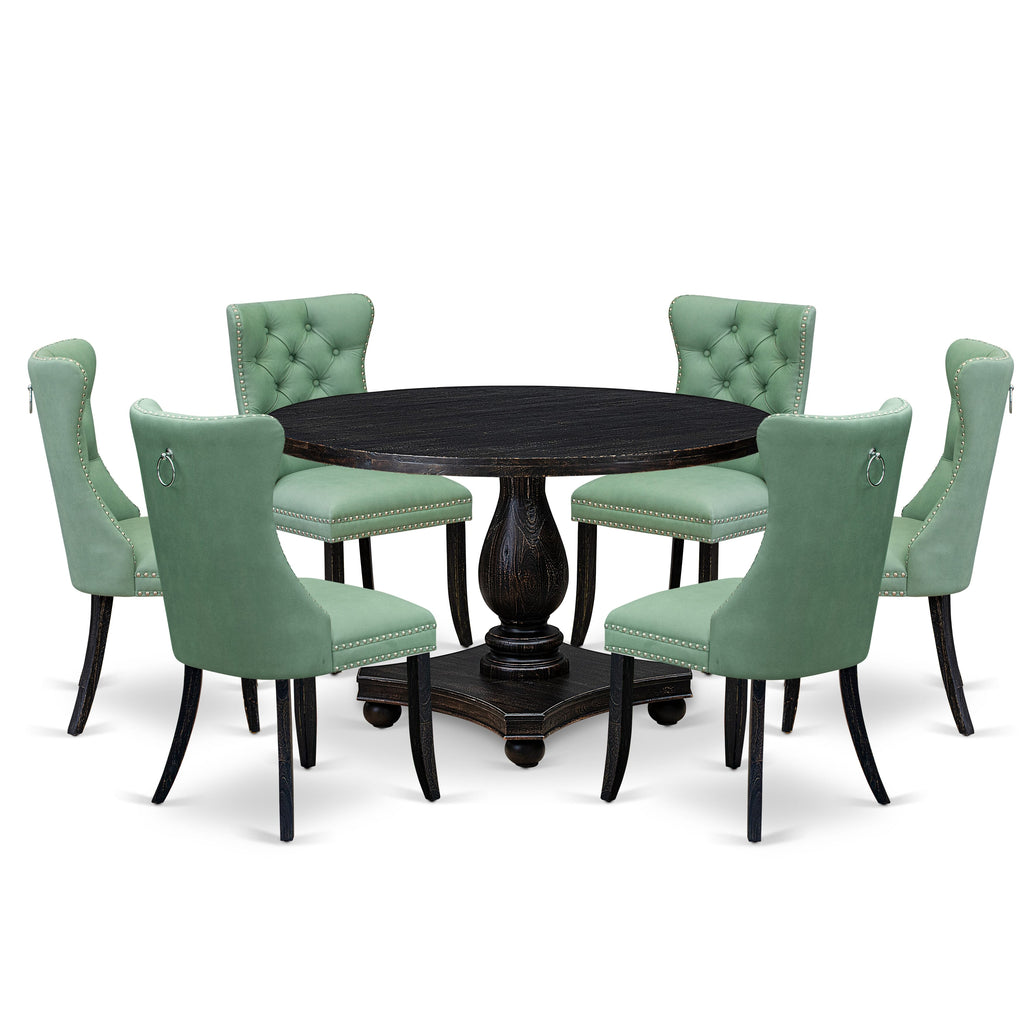 Luxe by East West Furniture I2DA7-411-22 7 Piece Dinette Set Consists of a 48" Round Table with Pedestal and 6 Willow Green Faux Leather Dining Chairs, Sand Blasted Black