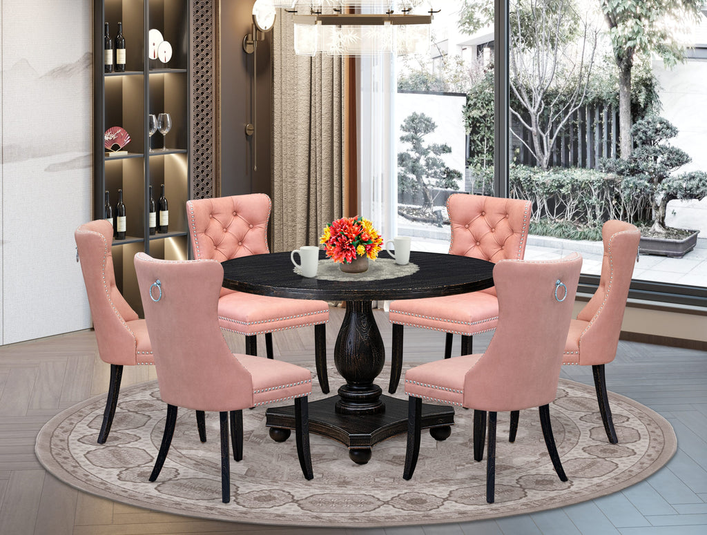 Luxe by East West Furniture I2DA7-411-23 7 Piece Dining Set Consists of a 48" Round Table with Pedestal and 6 Beige Red Faux Leather Upholstered Chairs, Sand Blasted Black