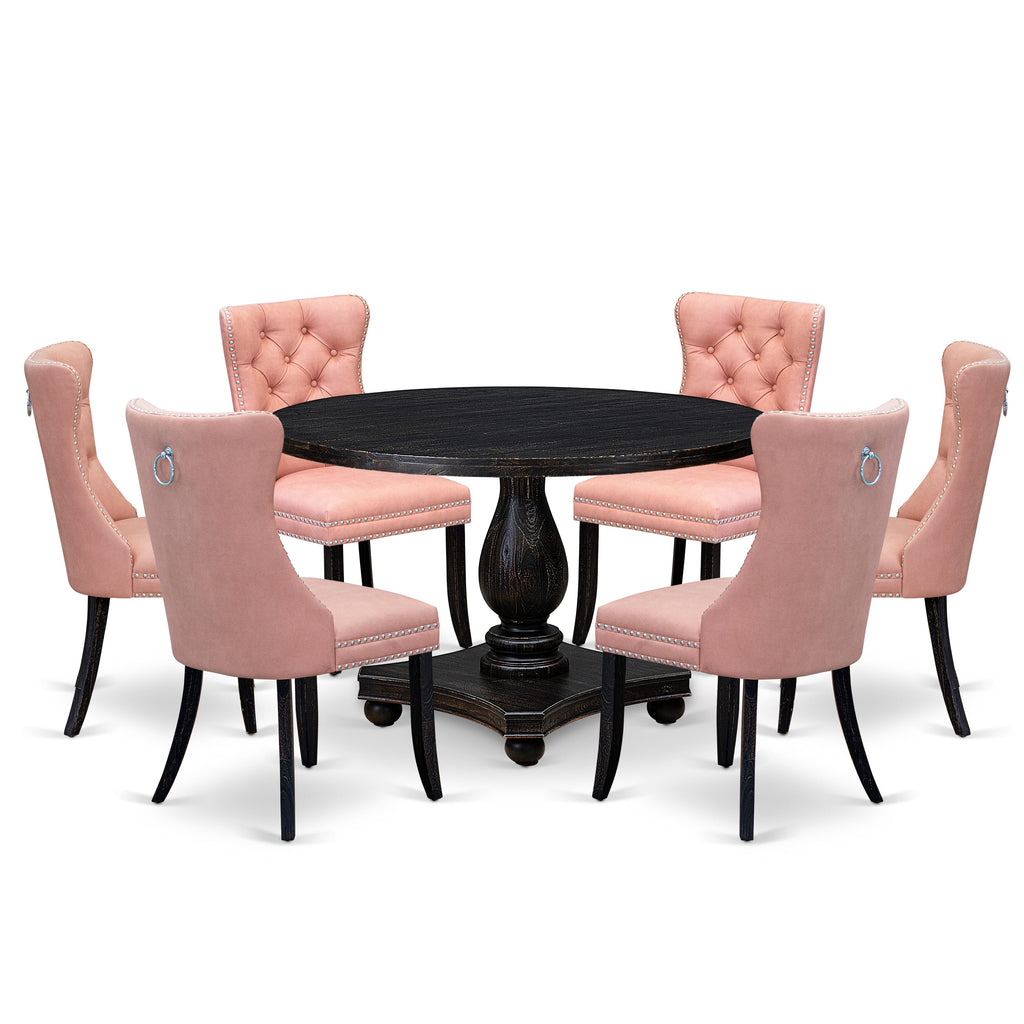 Luxe by East West Furniture I2DA7-411-23 7 Piece Dining Set Consists of a 48" Round Table with Pedestal and 6 Beige Red Faux Leather Upholstered Chairs, Sand Blasted Black