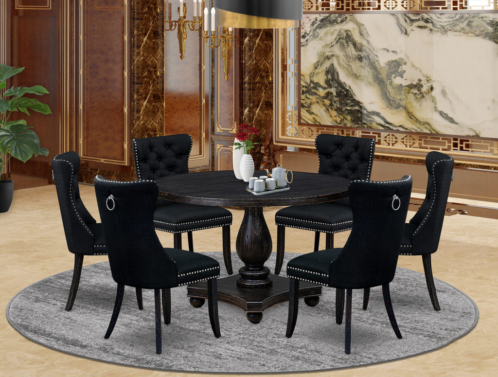 Luxe by East West Furniture I2DA7-411-24 7 Piece Kitchen Table Set Includes a 48" Round Table with Pedestal and 6 Black Linen Fabric Upholstered Chairs, Sand Blasted Black