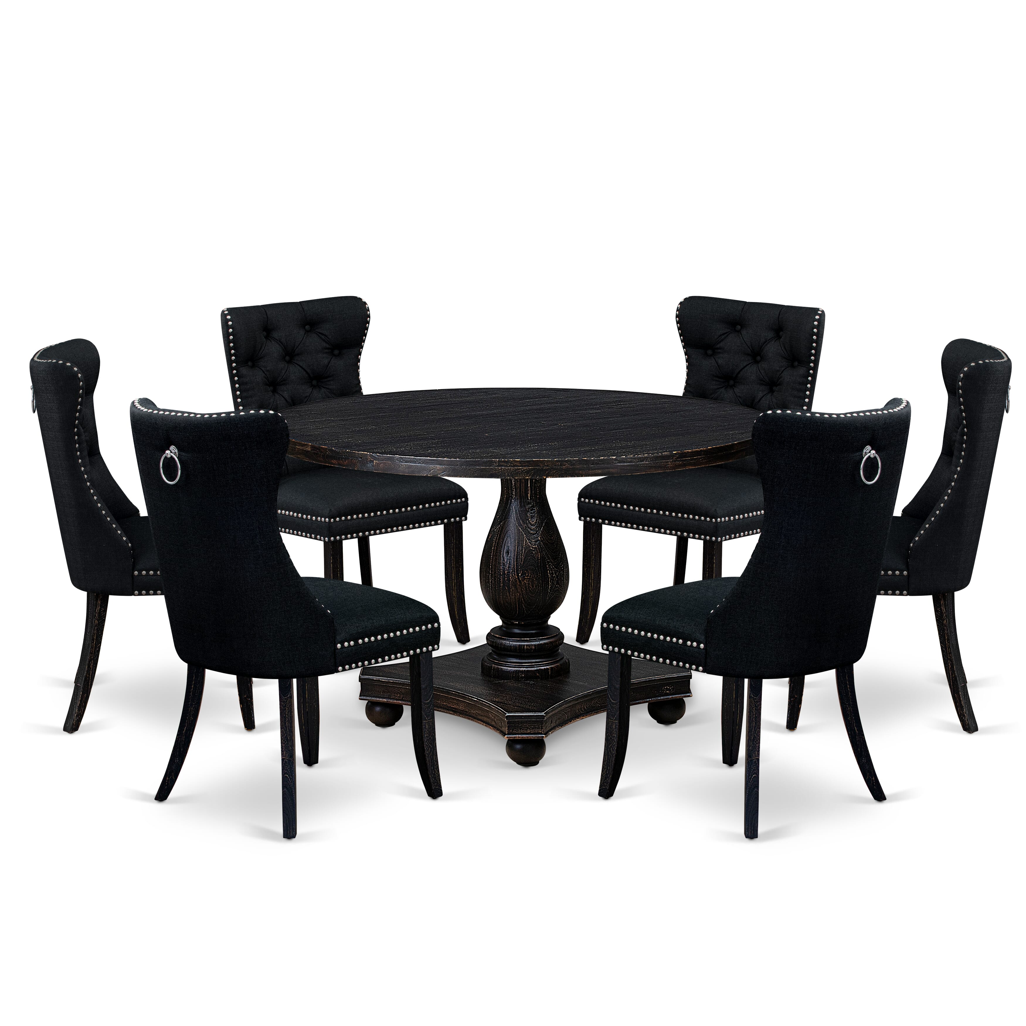 Luxe by East West Furniture I2DA7-411-24 7 Piece Kitchen Table Set Includes a 48" Round Table with Pedestal and 6 Black Linen Fabric Upholstered Chairs, Sand Blasted Black
