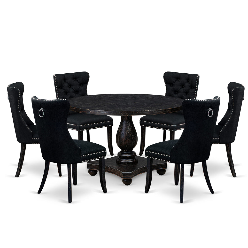 Luxe by East West Furniture I2DA7-411-24 7 Piece Kitchen Table Set Includes a 48" Round Table with Pedestal and 6 Black Linen Fabric Upholstered Chairs, Sand Blasted Black