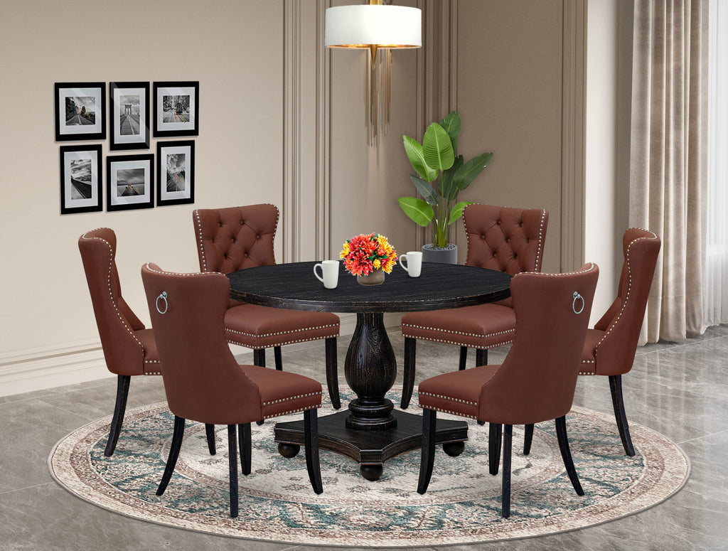 Luxe by East West Furniture I2DA7-411-26 7 Piece Dining Table Set Consists of a 48" Round Table with Pedestal and 6 Burgandy Faux Leather Parson Chairs, Sand Blasted Black