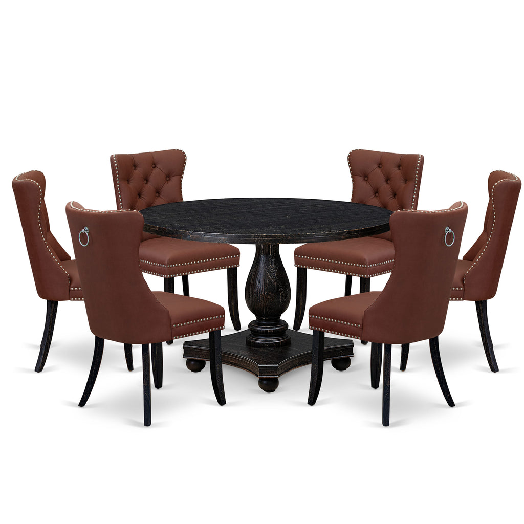 Luxe by East West Furniture I2DA7-411-26 7 Piece Dining Table Set Consists of a 48" Round Table with Pedestal and 6 Burgandy Faux Leather Parson Chairs, Sand Blasted Black