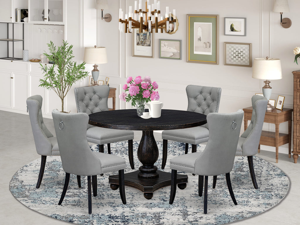 Luxe by East West Furniture I2DA7-411-27 7 Piece Dining Table Set Consists of a 48" Round Table with Pedestal and 6 Light Gray Faux Leather Padded Chairs, Sand Blasted Black