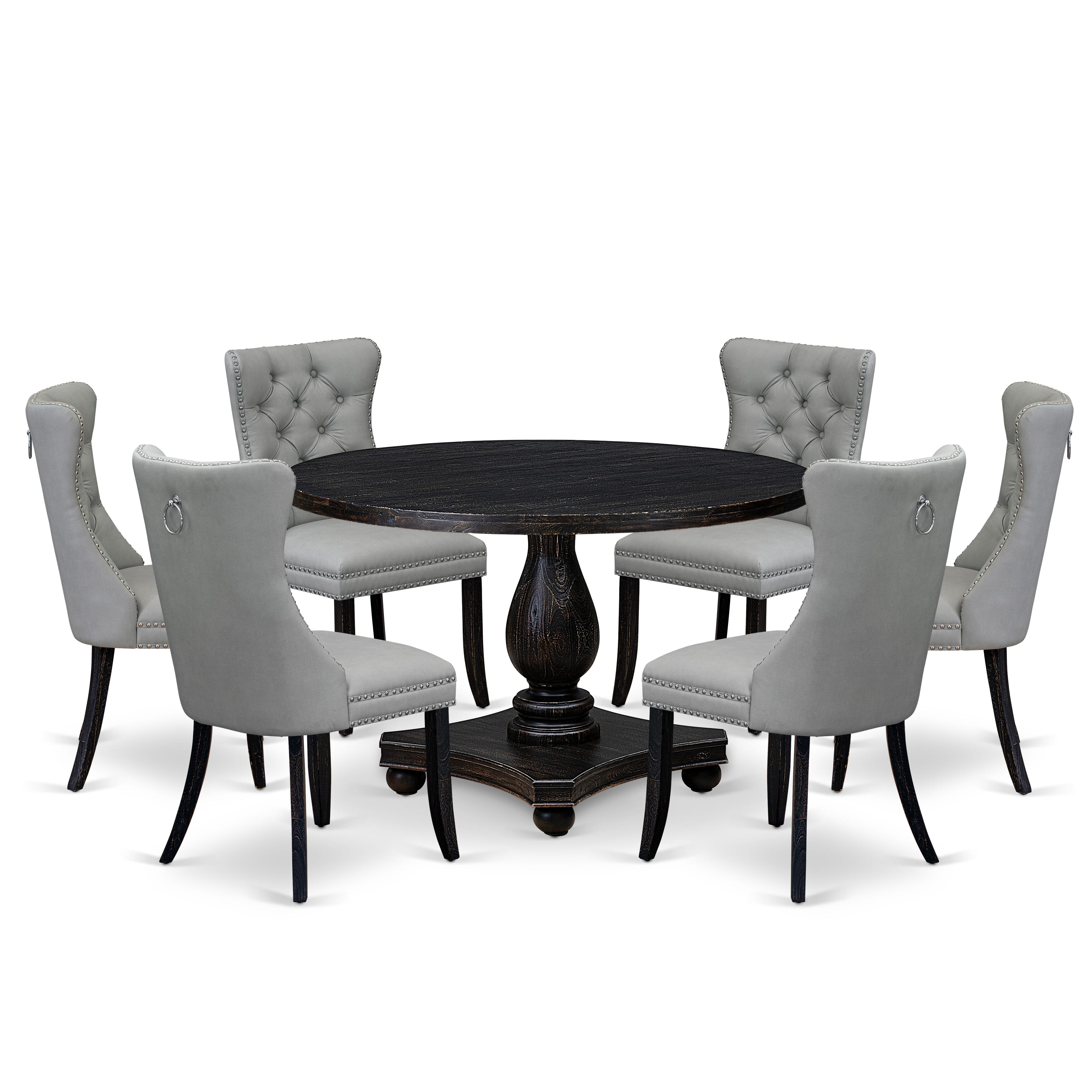 Luxe by East West Furniture I2DA7-411-27 7 Piece Dining Table Set Consists of a 48" Round Table with Pedestal and 6 Light Gray Faux Leather Padded Chairs, Sand Blasted Black