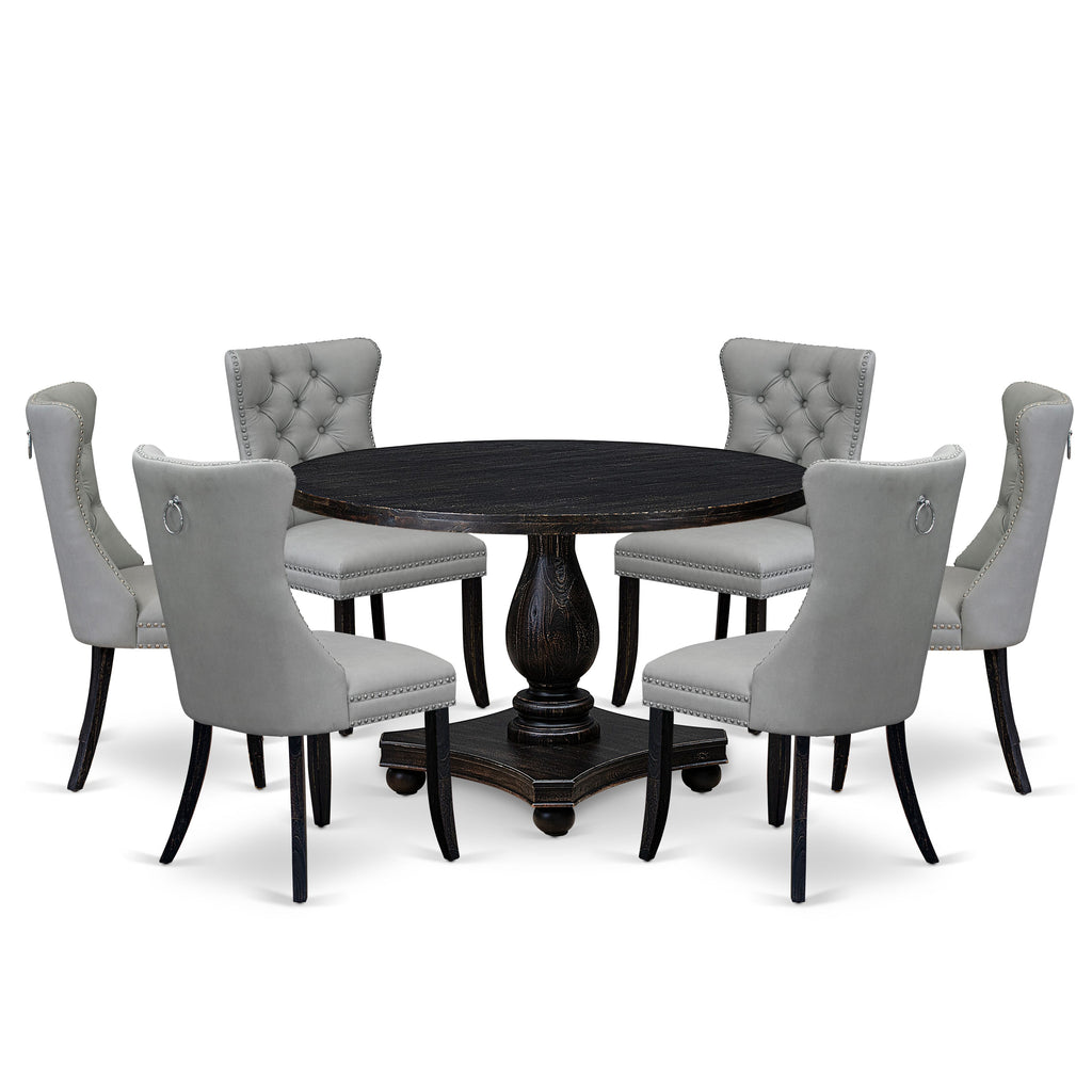 Luxe by East West Furniture I2DA7-411-27 7 Piece Dining Table Set Consists of a 48" Round Table with Pedestal and 6 Light Gray Faux Leather Padded Chairs, Sand Blasted Black