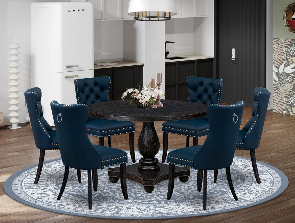 Luxe by East West Furniture I2DA7-411-29 7 Piece Dining Table Set Consists of a 48" Round Table with Pedestal and 6 Navy Blue Faux Leather Padded Chairs, Sand Blasted Black