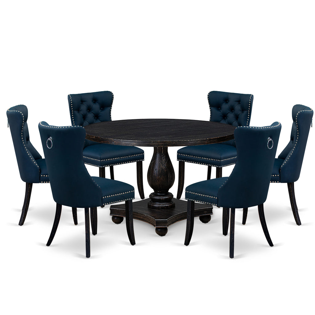 Luxe by East West Furniture I2DA7-411-29 7 Piece Dining Table Set Consists of a 48" Round Table with Pedestal and 6 Navy Blue Faux Leather Padded Chairs, Sand Blasted Black