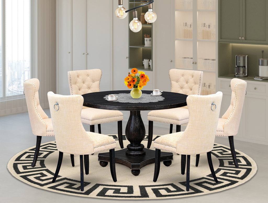 Luxe by East West Furniture I2DA7-411-32 7-piece dining set contains a dining table and 6 Light Beige Linen Fabric parsons chair with Button Tufted Back - Sand Blasted Black