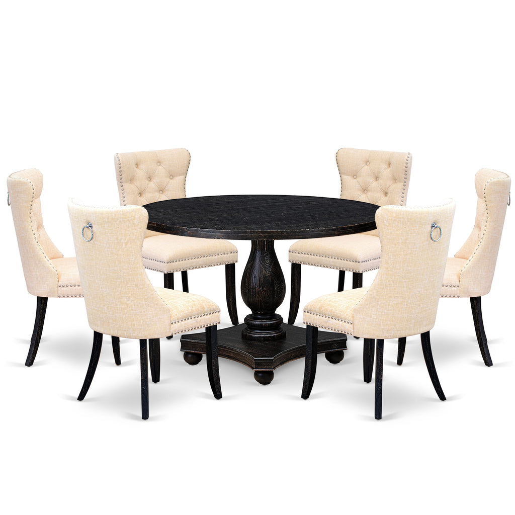 Luxe by East West Furniture I2DA7-411-32 7-piece dining set contains a dining table and 6 Light Beige Linen Fabric parsons chair with Button Tufted Back - Sand Blasted Black
