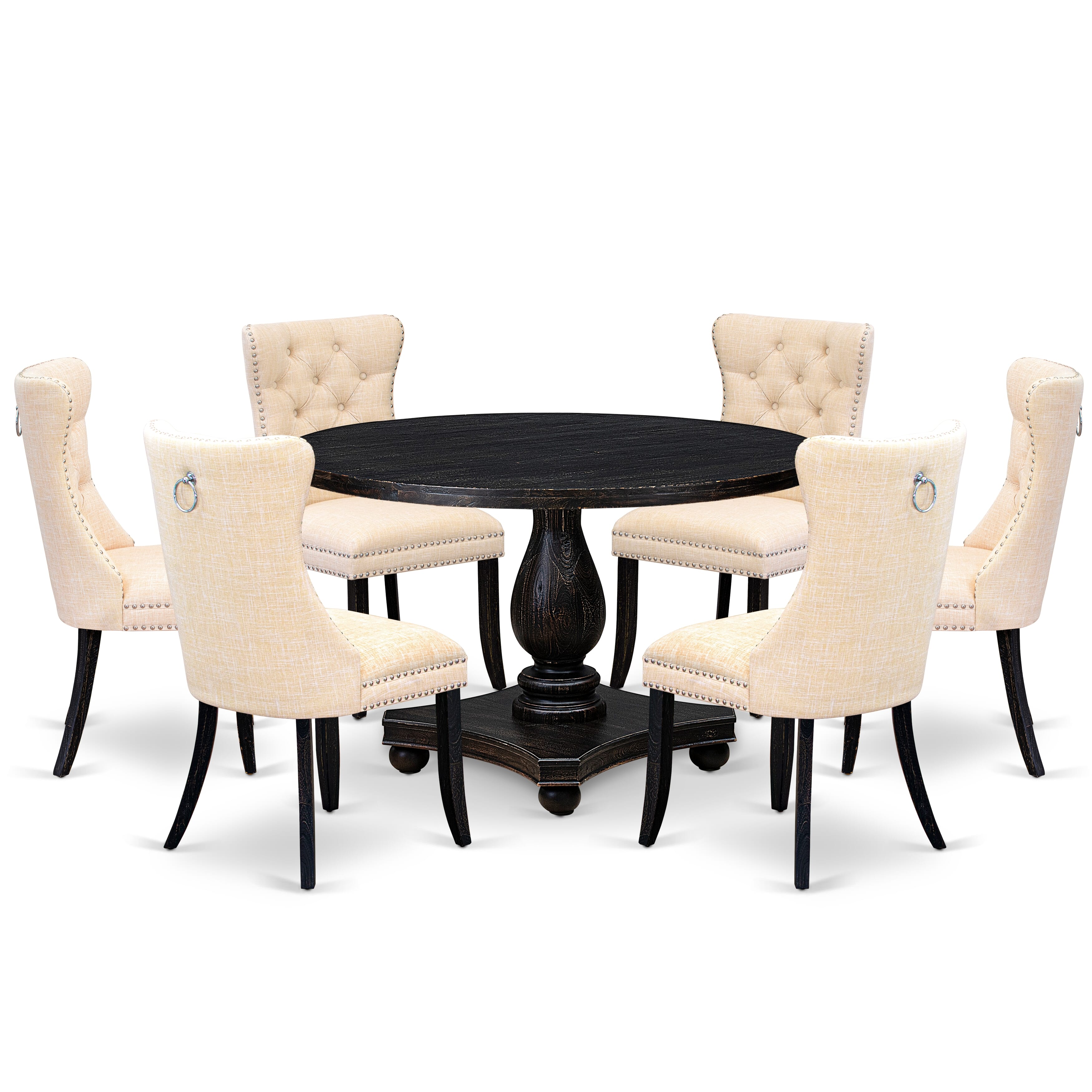 Luxe by East West Furniture I2DA7-411-32 7-piece dining set contains a dining table and 6 Light Beige Linen Fabric parsons chair with Button Tufted Back - Sand Blasted Black