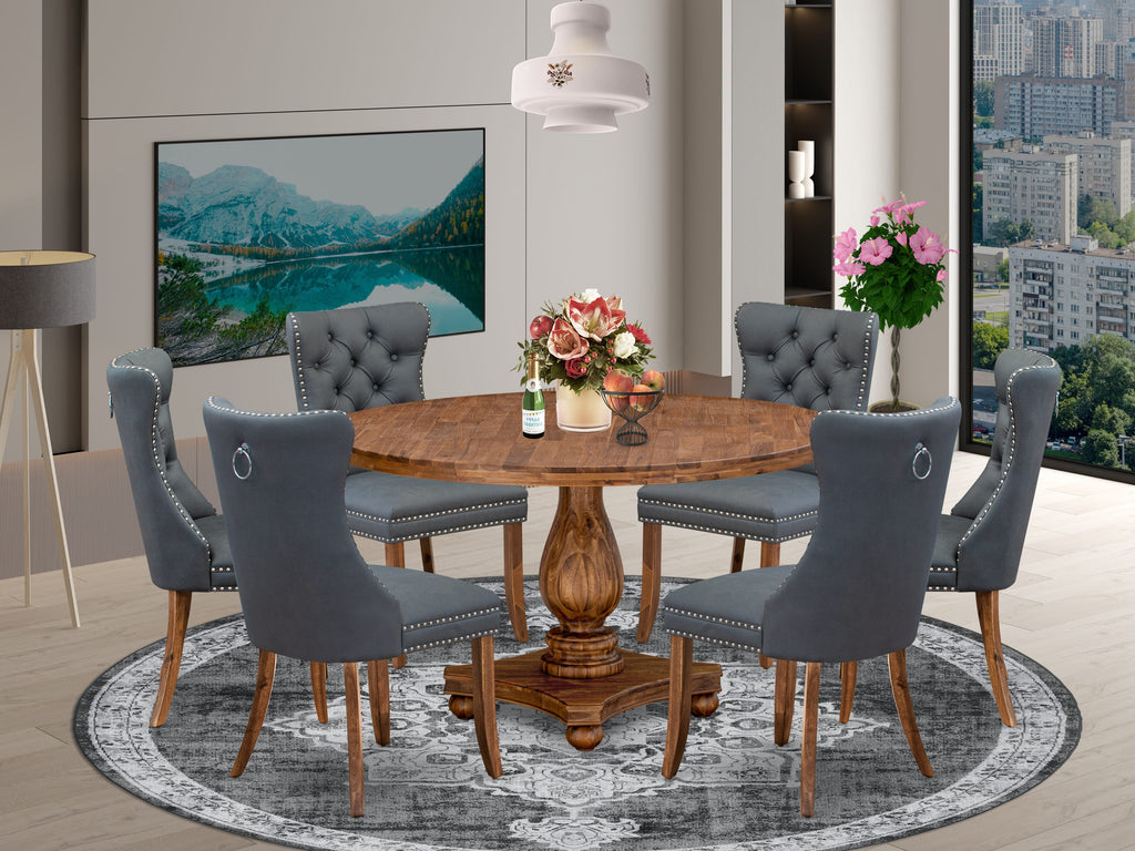 Luxe by East West Furniture I2DA7-50N-13 7-piece Modern Dining table set included a Kitchen Table and 6 Platinum Gray Faux Leather Dining Chairs with Button Tufted Back - Antique Walnut Finish