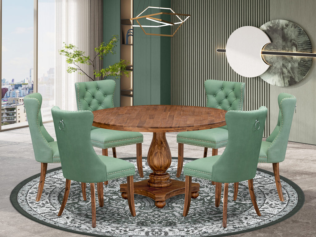 Luxe by East West Furniture I2DA7-50N-22 7-Pc Dining Set Contain a Mid Century Table and 6 Willow Green Faux Leather Upholstered Chairs with Button-Tufted Back, Antique Walnut
