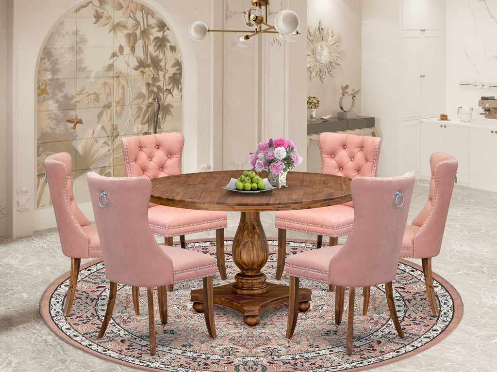 Luxe by East West Furniture I2DA7-50N-23 7-Pc Mid Century Dining Set Contain a Table and 6 Beige Red Faux Leather Upholstered Chairs with Button-Tufted Back, Antique Walnut