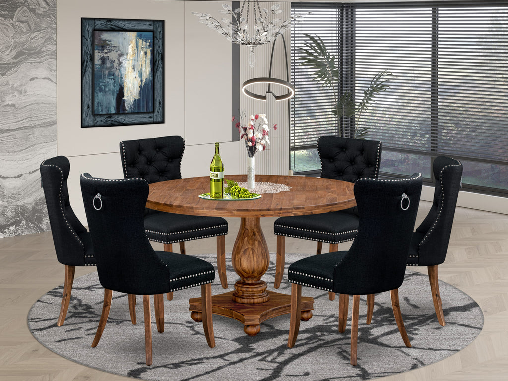Luxe by East West Furniture I2DA7-50N-24 7-Piece Kitchen Table Set with Linen Fabric 6 Black Dining chairs, Button-Tufted Backs, and a 54"Round Kitchen Table in Antique Walnut Finish.