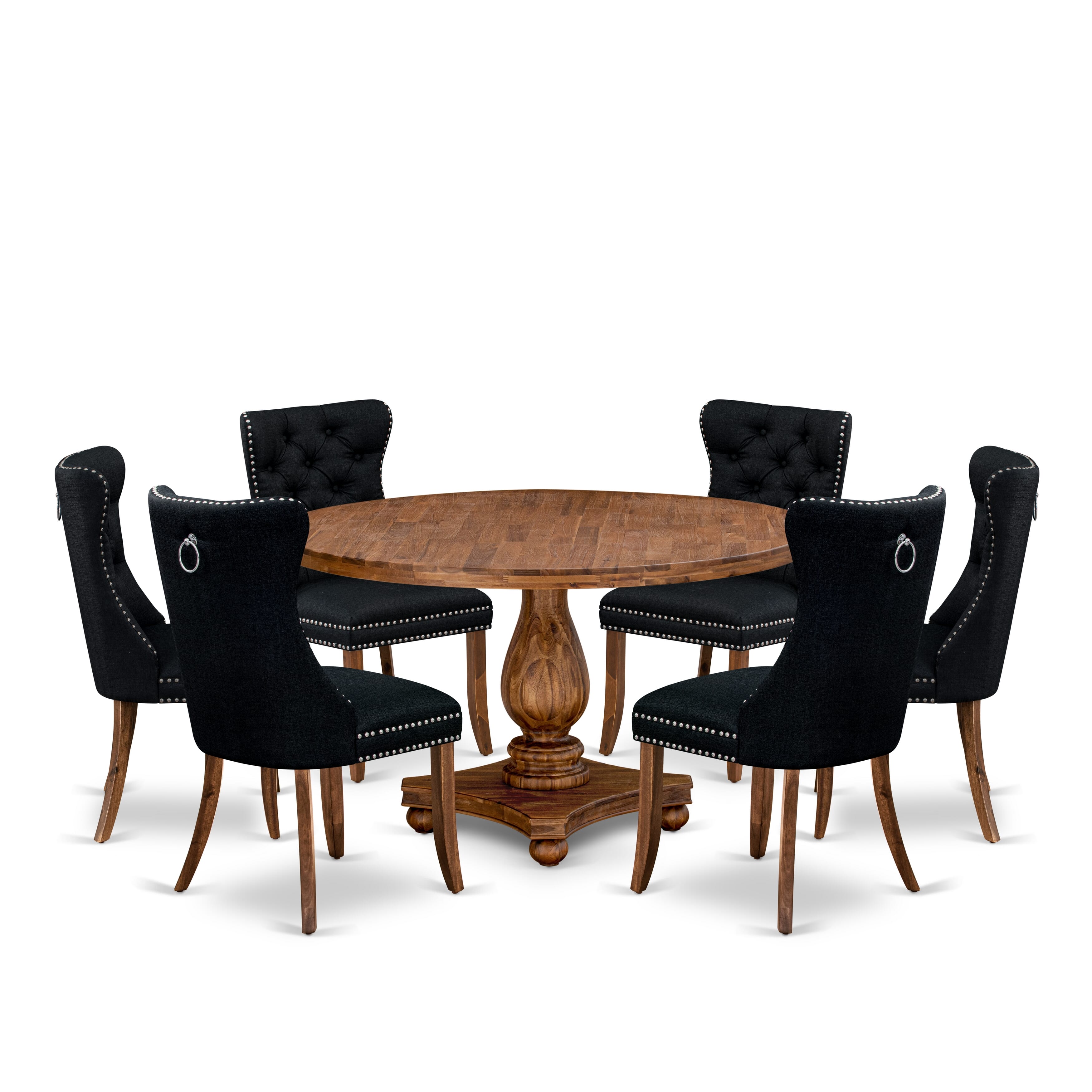 Luxe by East West Furniture I2DA7-50N-24 7-Piece Kitchen Table Set with Linen Fabric 6 Black Dining chairs, Button-Tufted Backs, and a 54"Round Kitchen Table in Antique Walnut Finish.