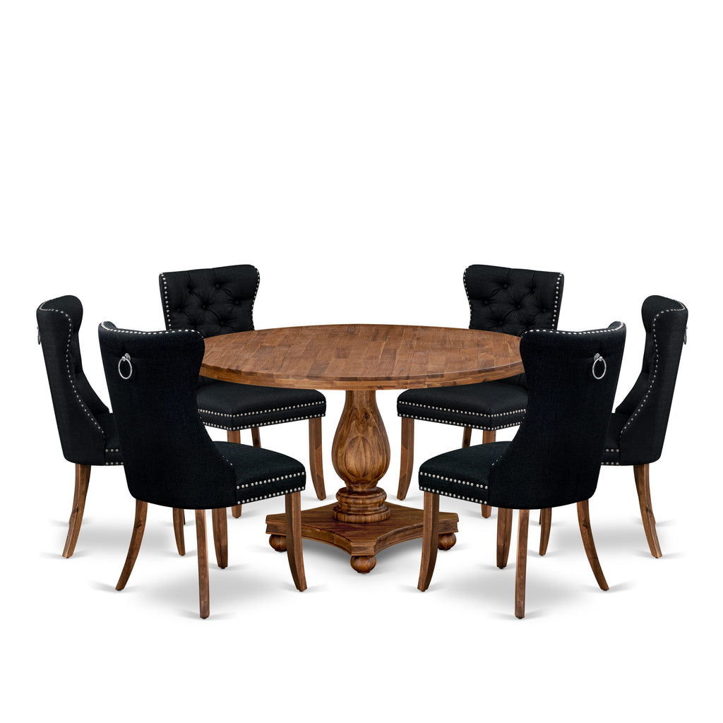 Luxe by East West Furniture I2DA7-50N-24 7-Piece Kitchen Table Set with Linen Fabric 6 Black Dining chairs, Button-Tufted Backs, and a 54"Round Kitchen Table in Antique Walnut Finish.