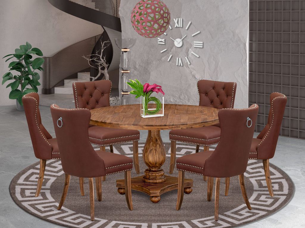 Luxe by East West Furniture I2DA7-50N-26 7-Pc Modern Dining Table Set Contain a Mid Century Table and 6 Burgundy Faux Leather Chairs with Button-Tufted Back, Antique Walnut