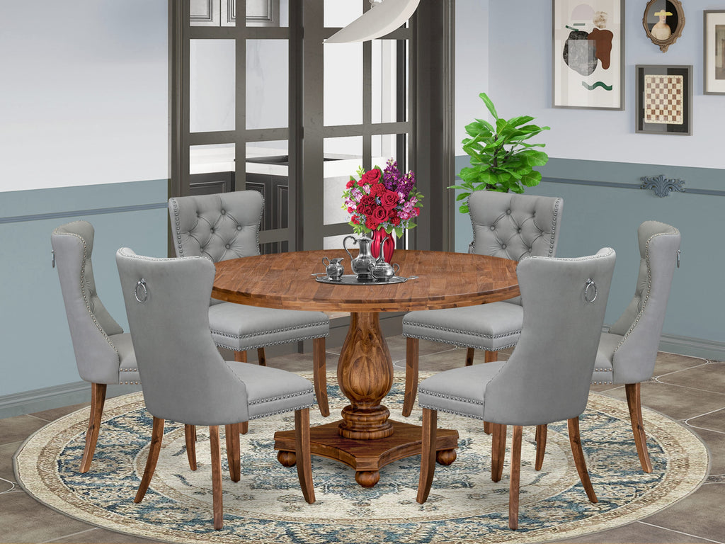 Luxe by East West Furniture I2DA7-50N-27 7-Pc Kitchen Table Set Contain a Mid Century Modern Table and 6 Light Gray Faux Leather Chairs with Button-Tufted Back, Antique Walnut