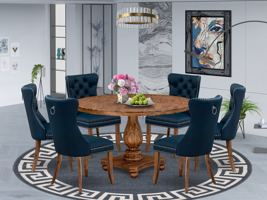 Luxe by East West Furniture I2DA7-50N-29 7-Piece Dining Room Set with Faux Leather 6 Navy Blue Dining chairs, Button-Tufted Backs, and a 54"Round Table in Antique Walnut Finish.