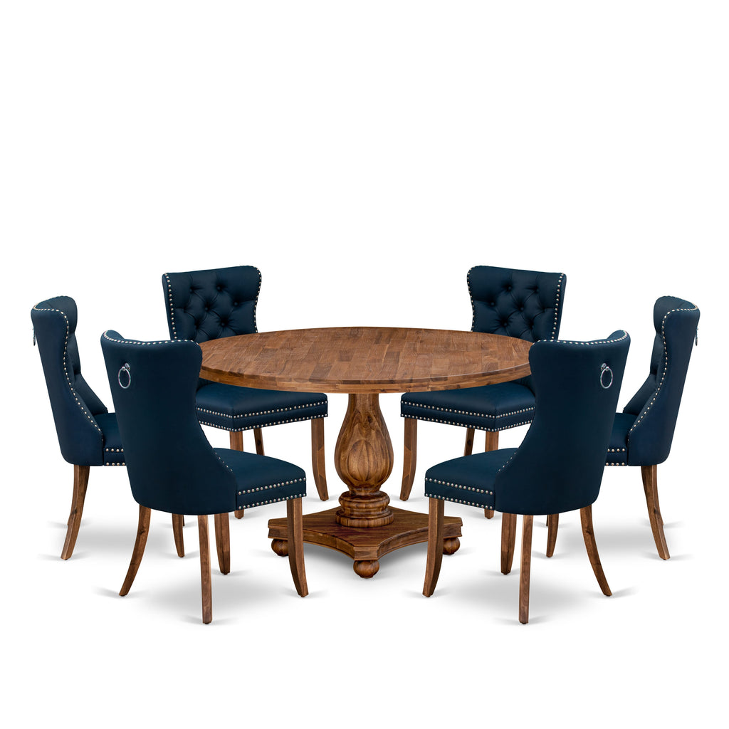 Luxe by East West Furniture I2DA7-50N-29 7-Piece Dining Room Set with Faux Leather 6 Navy Blue Dining chairs, Button-Tufted Backs, and a 54"Round Table in Antique Walnut Finish.