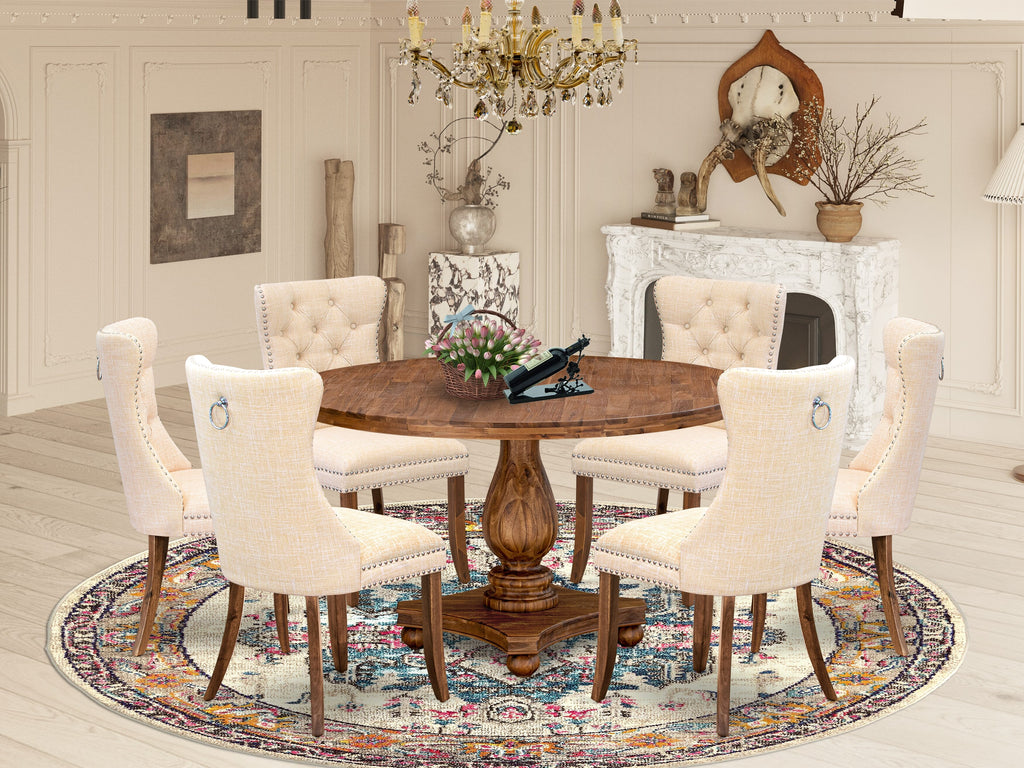 Luxe by East West Furniture I2DA7-50N-32 7-Piece Mid Century Kitchen Set with Linen Fabric 6 Light Beige kitchen chairs, Button-Tufted Backs, and a 54"Round Table in Antique Walnut Finish.