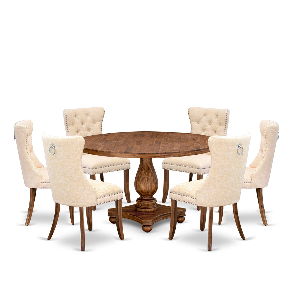 Luxe by East West Furniture I2DA7-50N-32 7-Piece Mid Century Kitchen Set with Linen Fabric 6 Light Beige kitchen chairs, Button-Tufted Backs, and a 54"Round Table in Antique Walnut Finish.