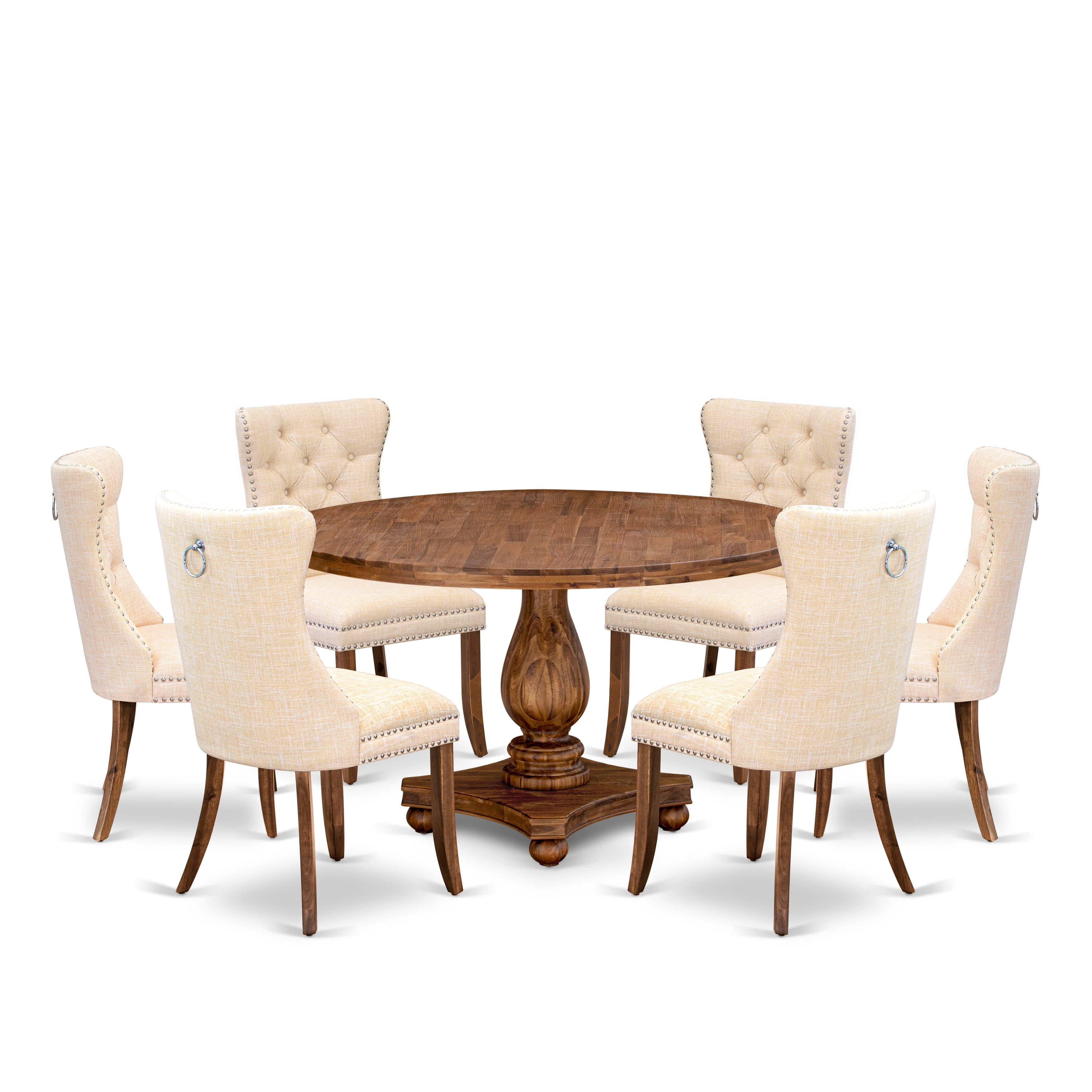 Luxe by East West Furniture I2DA7-50N-32 7-Piece Mid Century Kitchen Set with Linen Fabric 6 Light Beige kitchen chairs, Button-Tufted Backs, and a 54"Round Table in Antique Walnut Finish.
