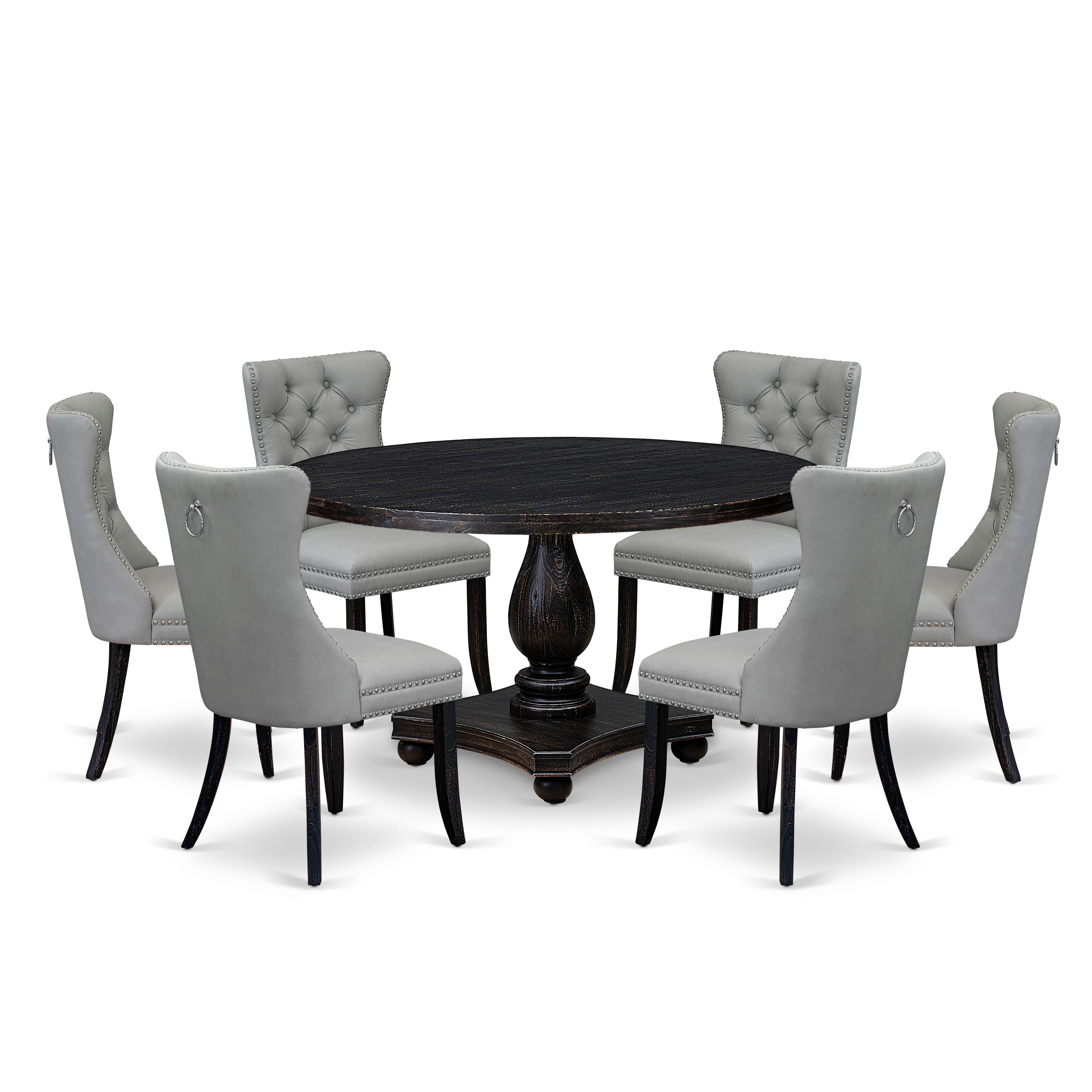 Luxe by East West Furniture I2DA7-511-27 7 Piece Dining Table Set Contains a 54" Round Table with Pedestal and 6 Light Gray Faux Leather Upholstered Chairs, Sand Blasted Black