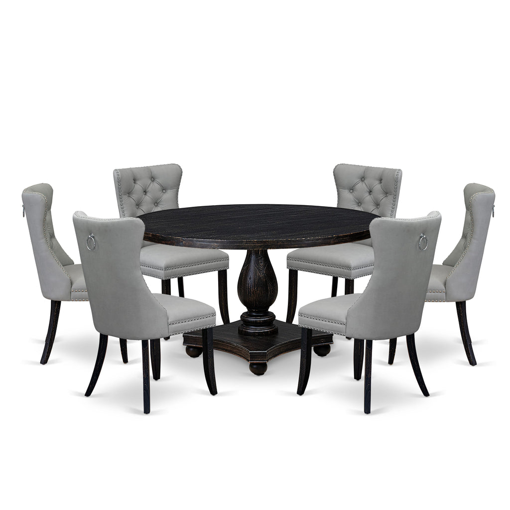 Luxe by East West Furniture I2DA7-511-27 7 Piece Dining Table Set Contains a 54" Round Table with Pedestal and 6 Light Gray Faux Leather Upholstered Chairs, Sand Blasted Black