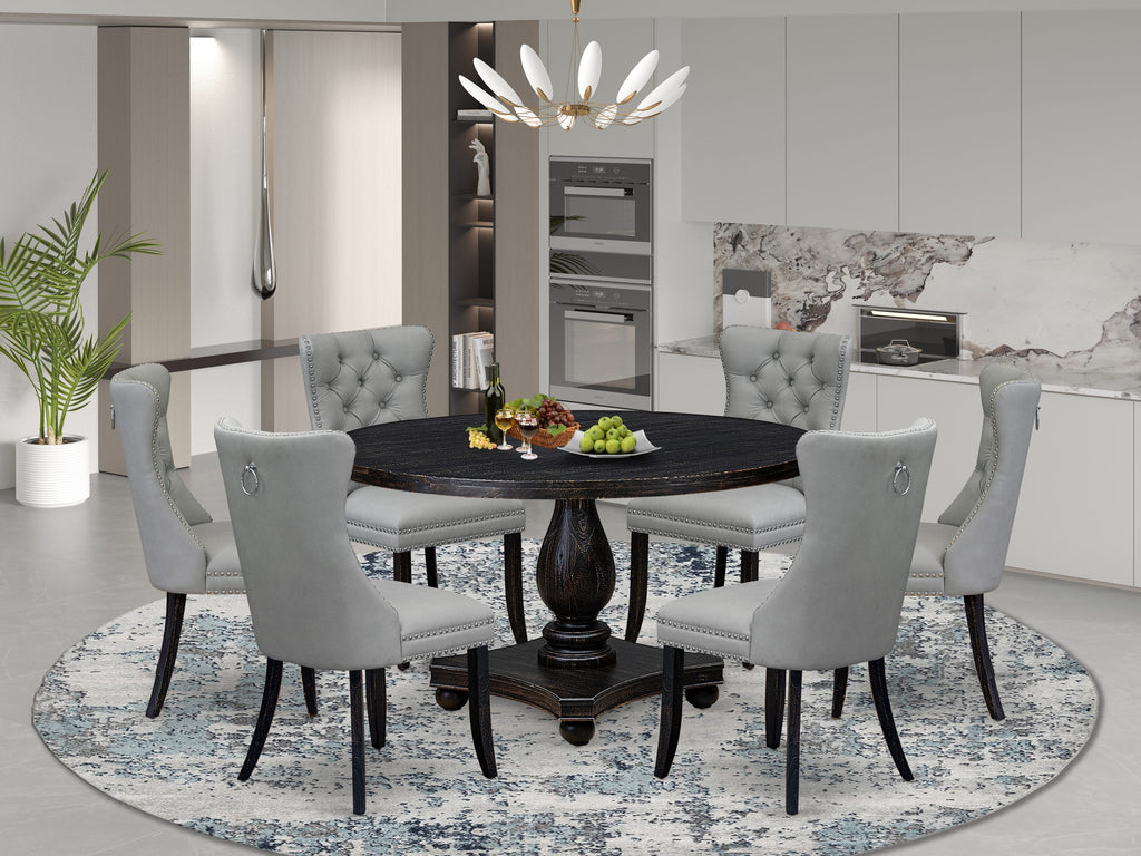 Luxe by East West Furniture I2DA7-511-27 7 Piece Dining Table Set Contains a 54" Round Table with Pedestal and 6 Light Gray Faux Leather Upholstered Chairs, Sand Blasted Black