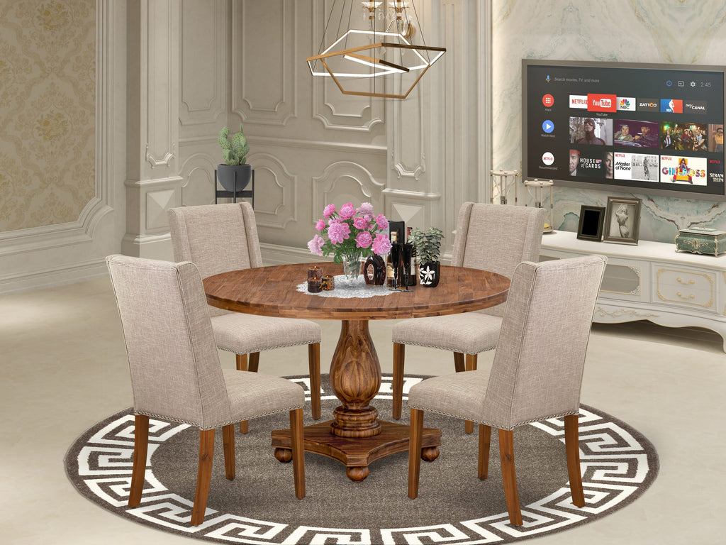 Luxe by East West Furniture I2FL5-50N-04 5-piece Dining Room Set consists of a kitchen table and 4 Light Tan Linen Fabric mid-century chair with Padded Back - Antique Walnut
