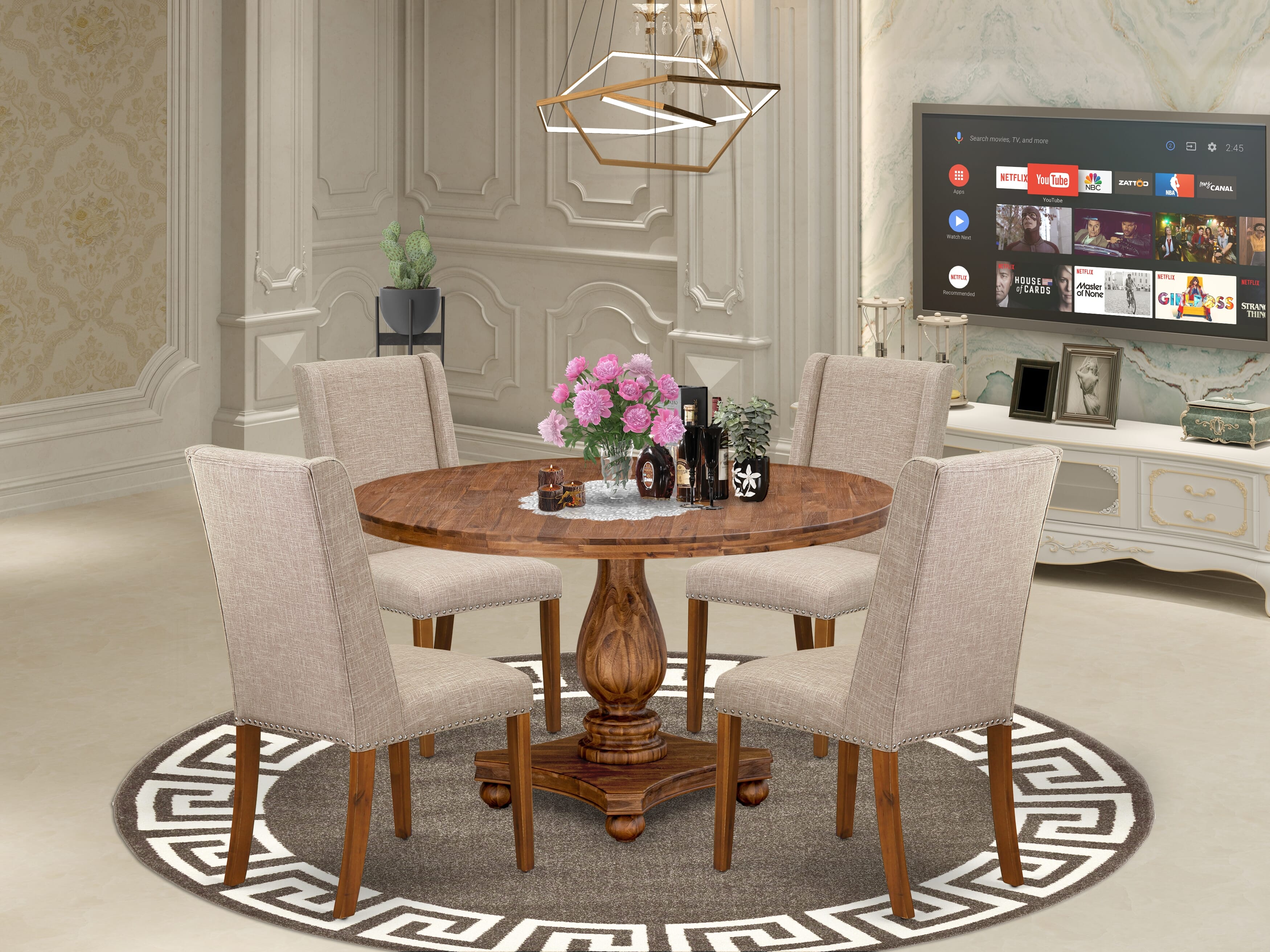 Luxe by East West Furniture I2FL5-50N-04 5-piece Dining Room Set consists of a kitchen table and 4 Light Tan Linen Fabric mid-century chair with Padded Back - Antique Walnut