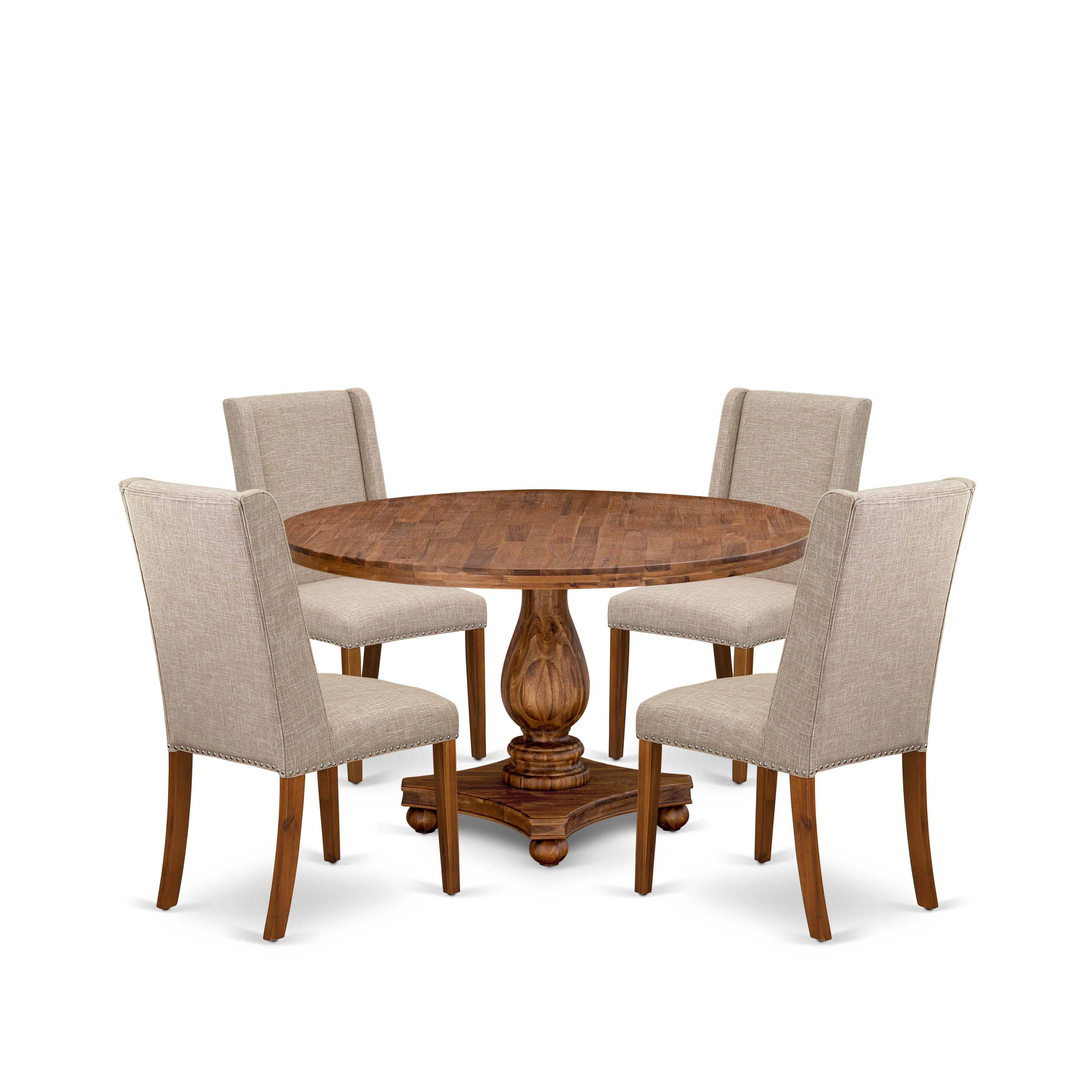 Luxe by East West Furniture I2FL5-50N-04 5-piece Dining Room Set consists of a kitchen table and 4 Light Tan Linen Fabric mid-century chair with Padded Back - Antique Walnut
