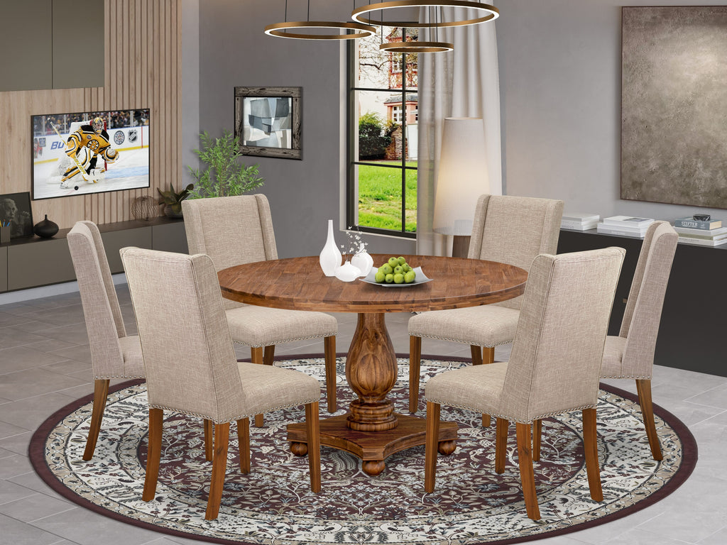 Luxe by East West Furniture I2FL7-50N-04 7-piece Kitchen Table Set contains a modern table and 6 Light Tan Linen Fabric dinning room chairs with Padded Back - Antique Walnut
