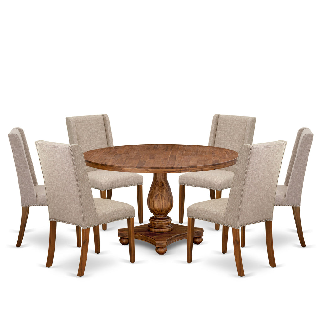 Luxe by East West Furniture I2FL7-50N-04 7-piece Kitchen Table Set contains a modern table and 6 Light Tan Linen Fabric dinning room chairs with Padded Back - Antique Walnut