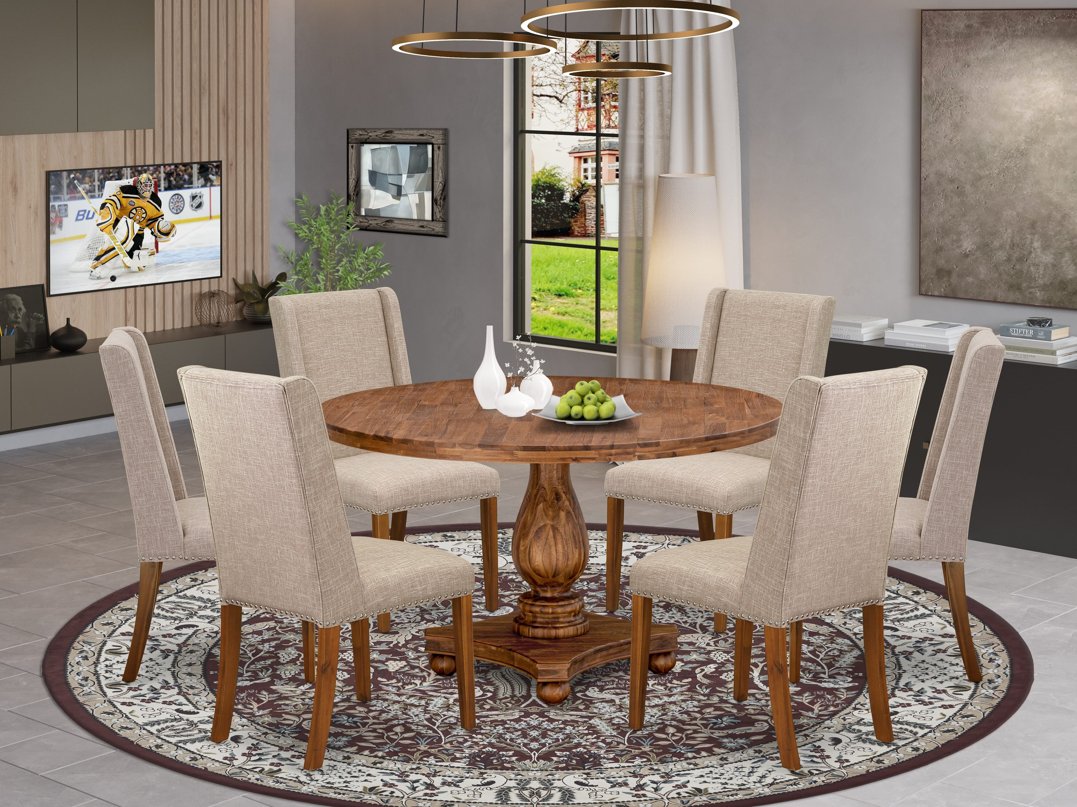 Luxe by East West Furniture I2FL7-50N-04 7-piece Kitchen Table Set contains a modern table and 6 Light Tan Linen Fabric dinning room chairs with Padded Back - Antique Walnut