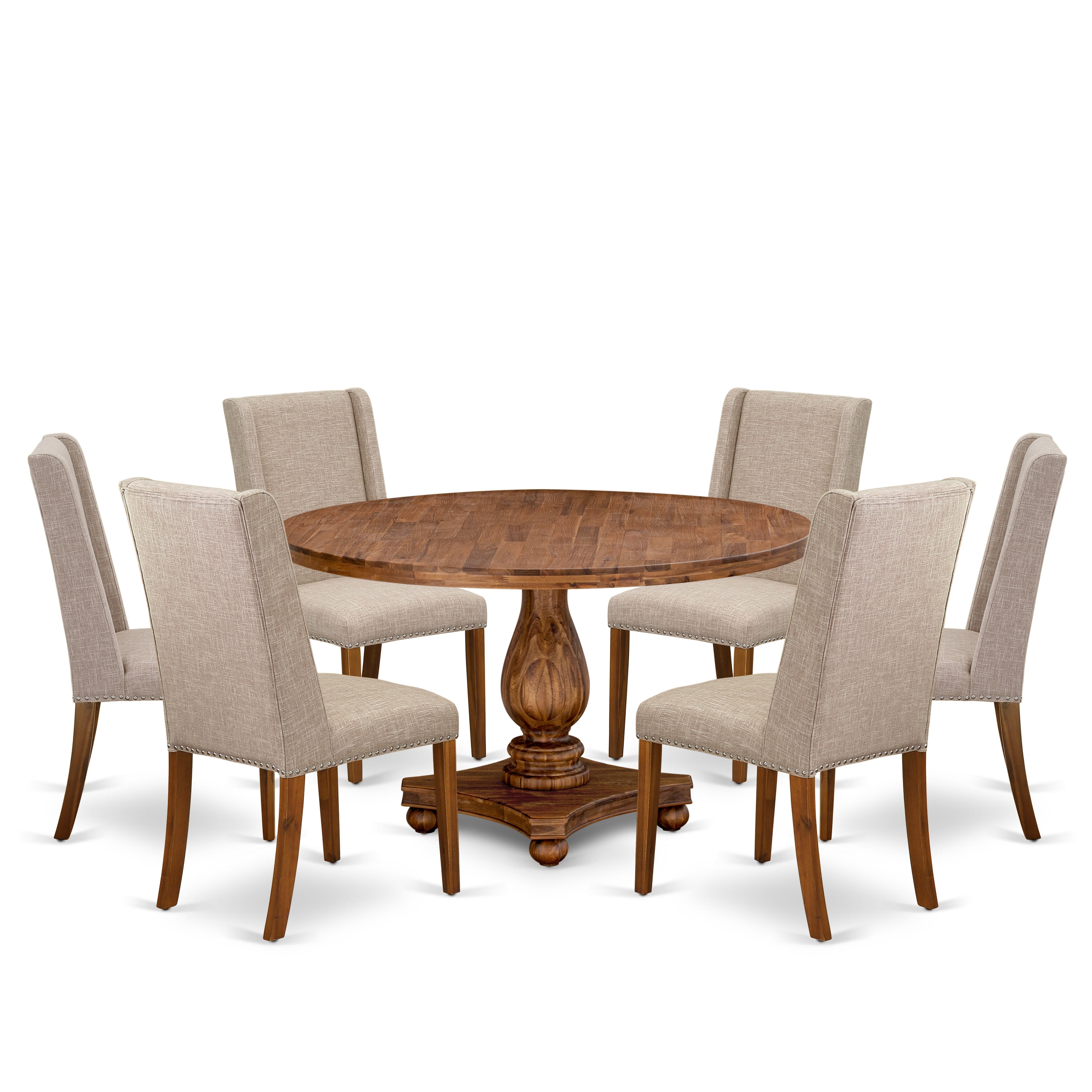 Luxe by East West Furniture I2FL7-50N-04 7-piece Kitchen Table Set contains a modern table and 6 Light Tan Linen Fabric dinning room chairs with Padded Back - Antique Walnut