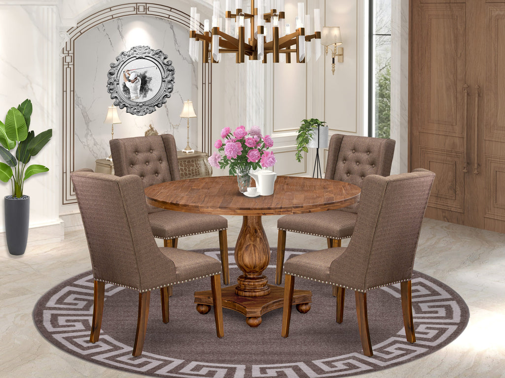Luxe by East West Furniture - I2FO5-50N-18 - 5-Piece Modern Dining Table Set Includes A Modern Table and 4 Brown Linen Fabric Chairs with Button Tufted Back, Antique Walnut