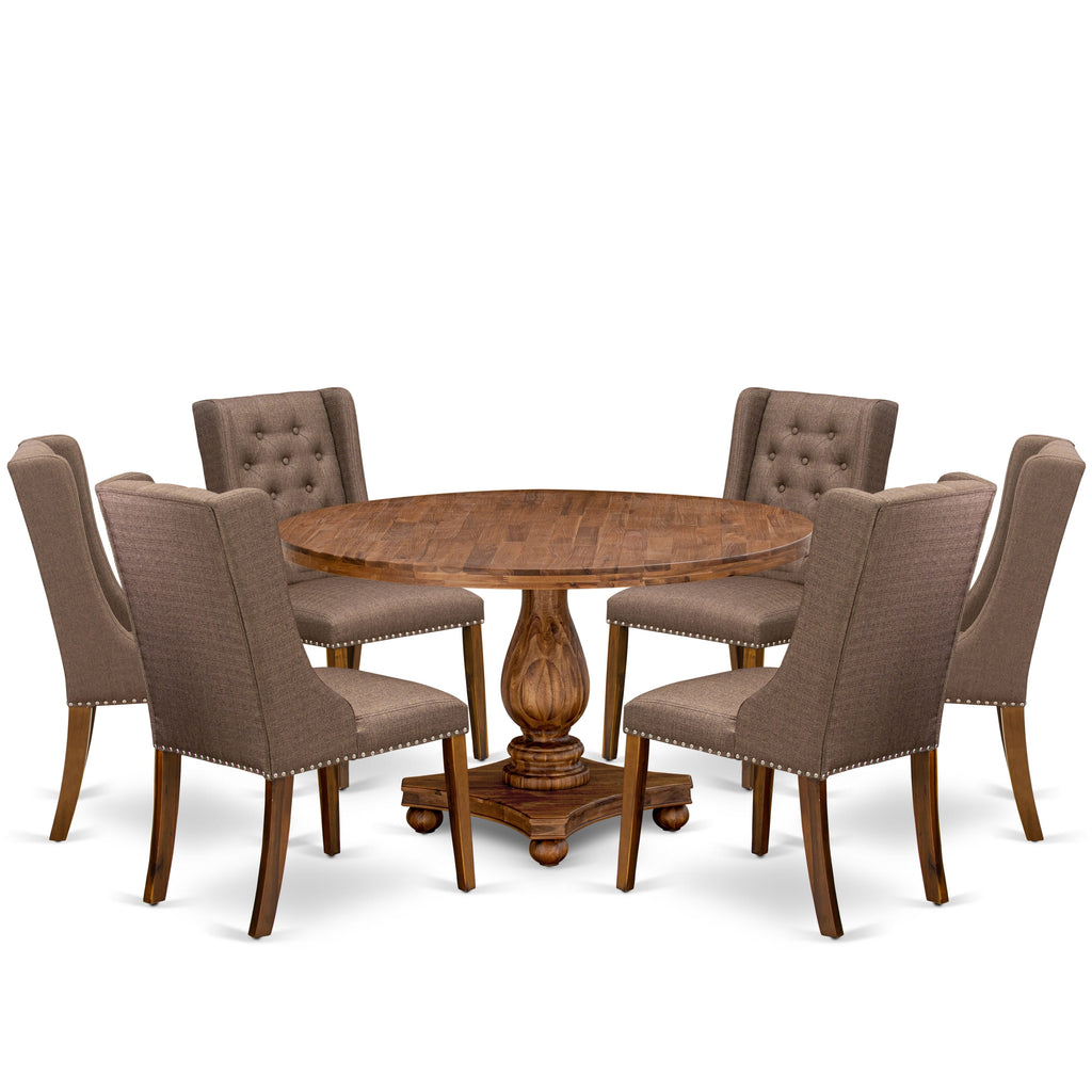 Luxe by East West Furniture - I2FO7-50N-18 - 7-Piece Dining Set Contains A Mid Century Modern Table and 6 Brown Linen Fabric Chairs with Button Tufted Back, Antique Walnut