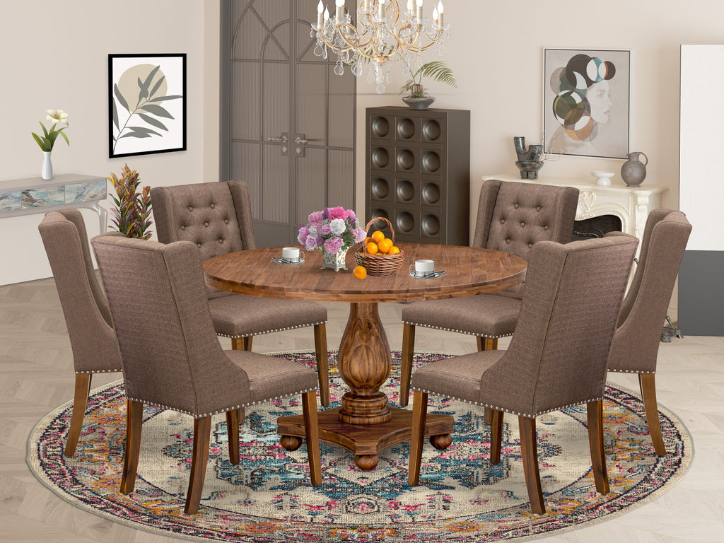 Luxe by East West Furniture - I2FO7-50N-18 - 7-Piece Dining Set Contains A Mid Century Modern Table and 6 Brown Linen Fabric Chairs with Button Tufted Back, Antique Walnut