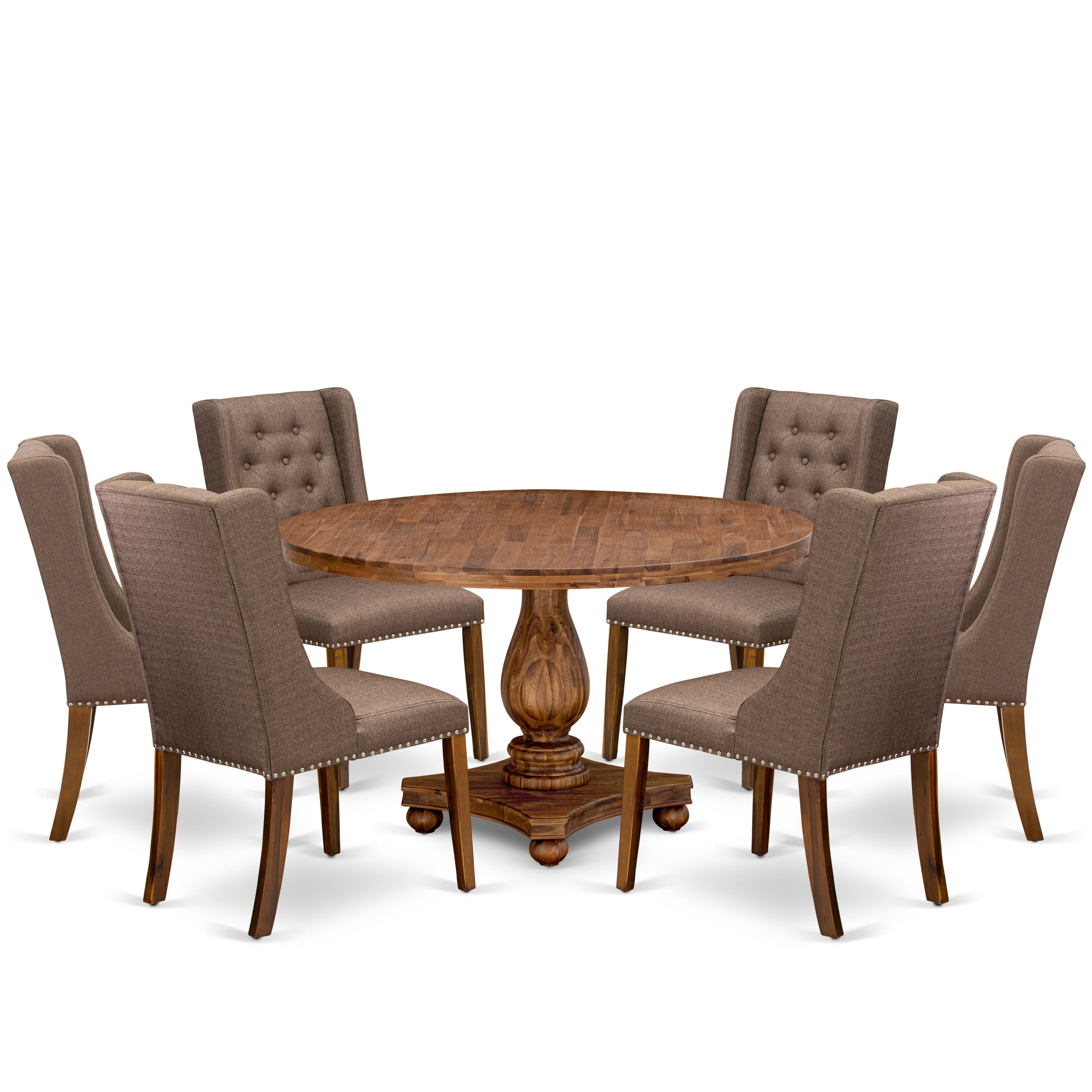 Luxe by East West Furniture - I2FO7-50N-18 - 7-Piece Dining Set Contains A Mid Century Modern Table and 6 Brown Linen Fabric Chairs with Button Tufted Back, Antique Walnut