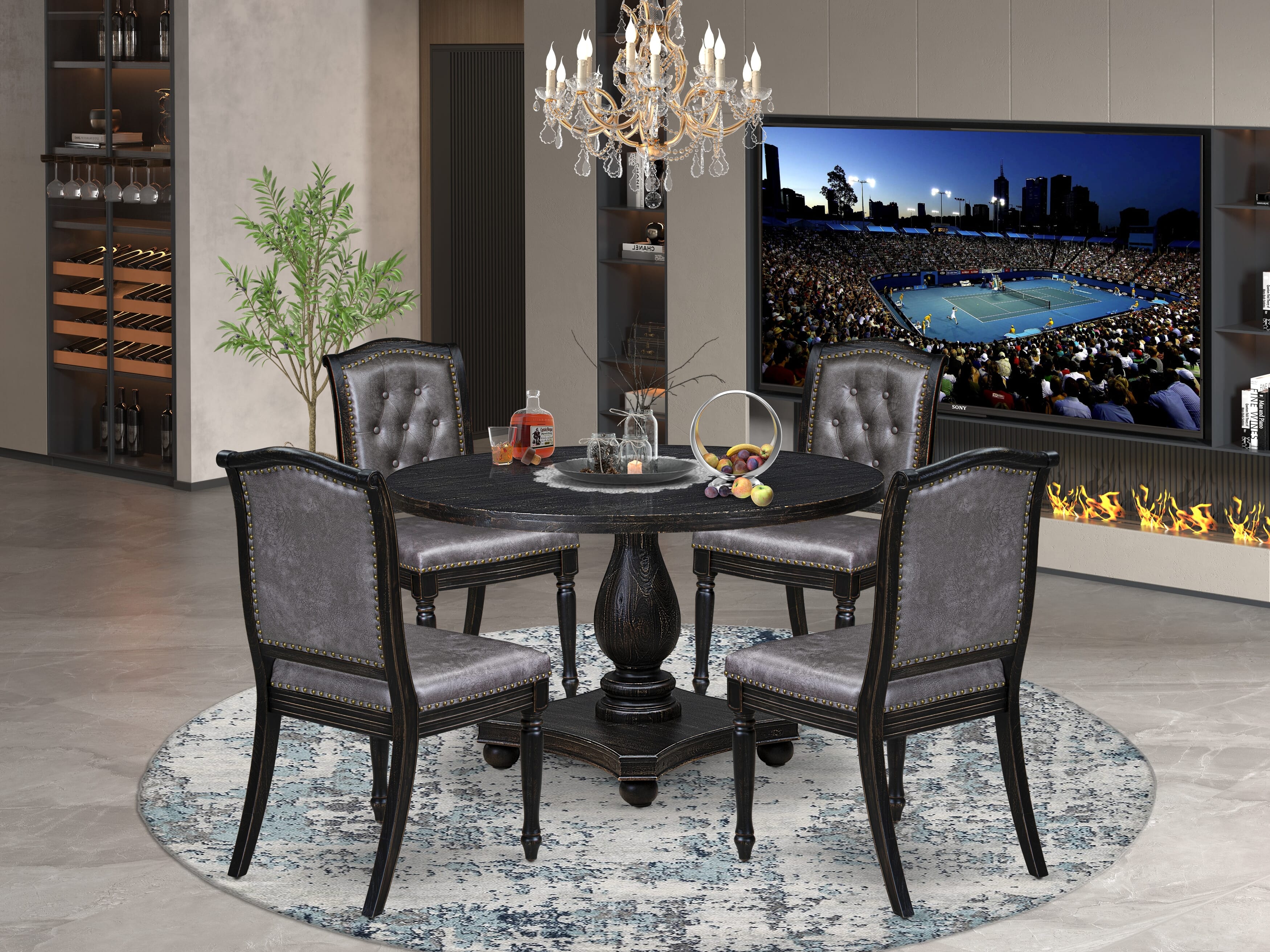 Luxe by East West Furniture - I2MA5-411-34 5-Piece Dining Table Set Consists of a Round Modern Table and 4 Brown Textured Polyester Chairs with High Back, Sand Blasting Black Finish.
