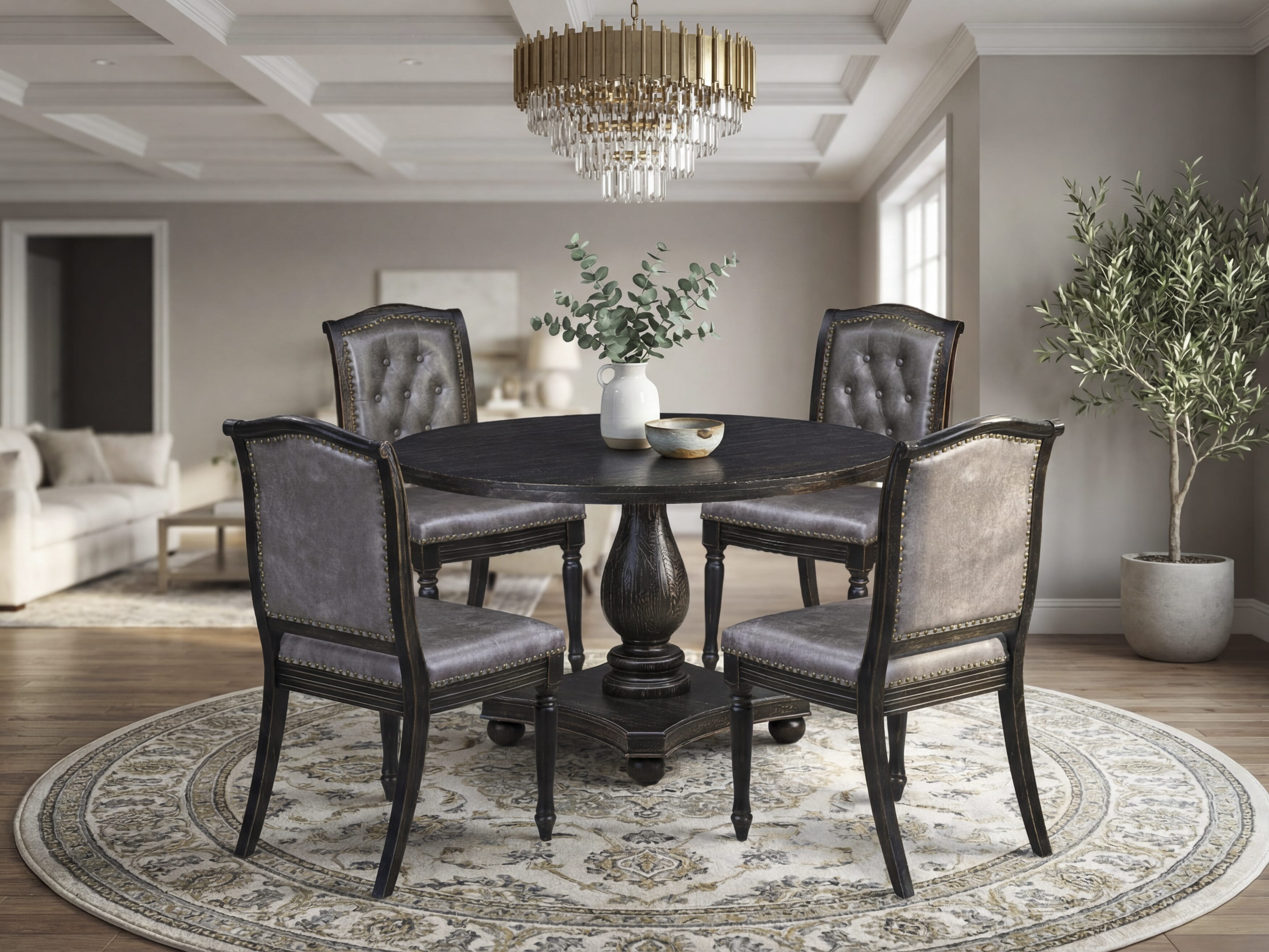 Luxe by East West Furniture - I2MA5-411-34 5-Piece Dining Table Set Consists of a Round Modern Table and 4 Brown Textured Polyester Chairs with High Back, Sand Blasting Black Finish.