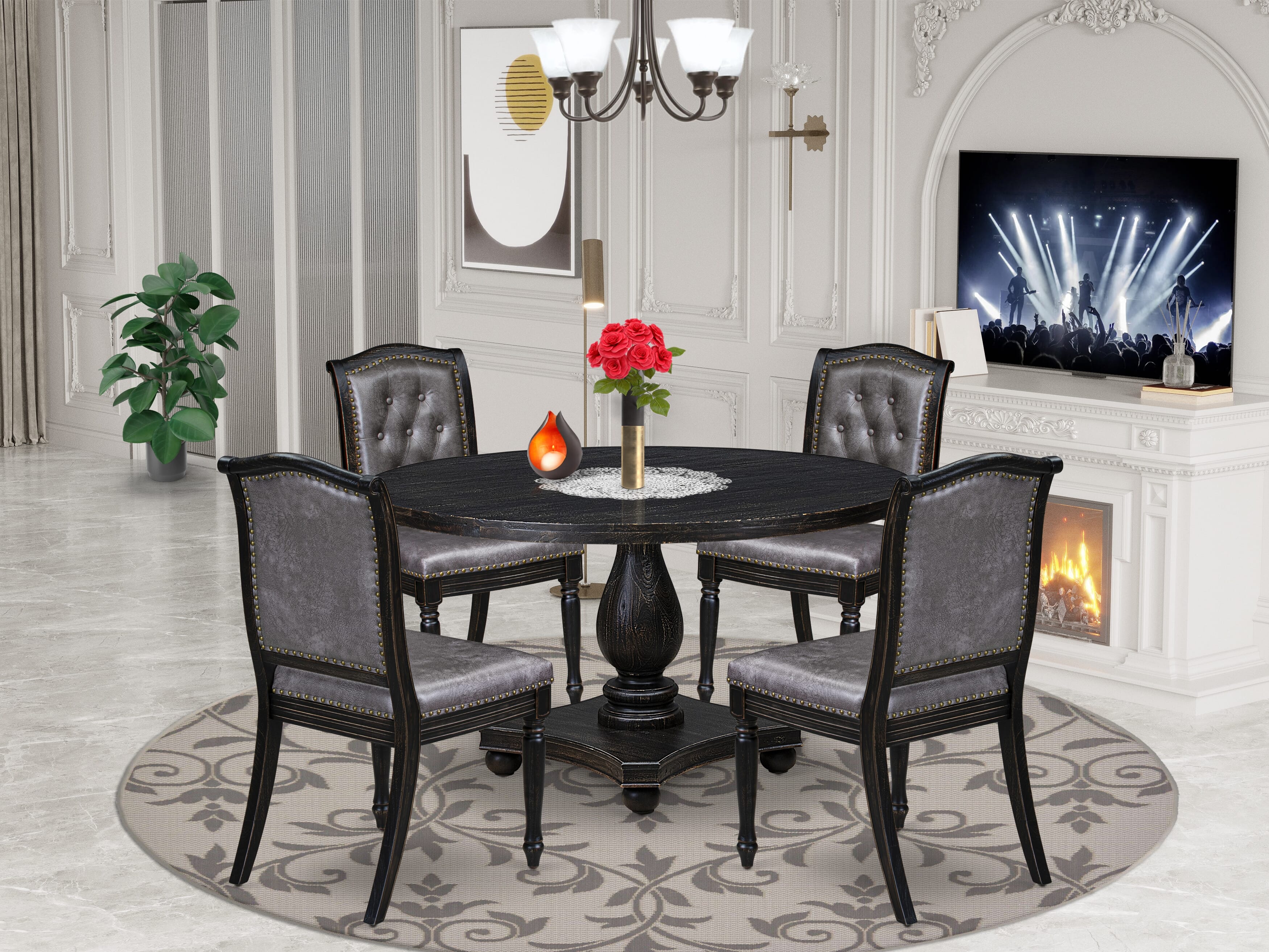 Luxe by East West Furniture - I2MA5-511-34 5-Piece Kitchen Table Set Contains a Round Modern Kitchen Table and 4 Dark Gray Polyester Chairs with High Back, Sand Blasting Black Finish.