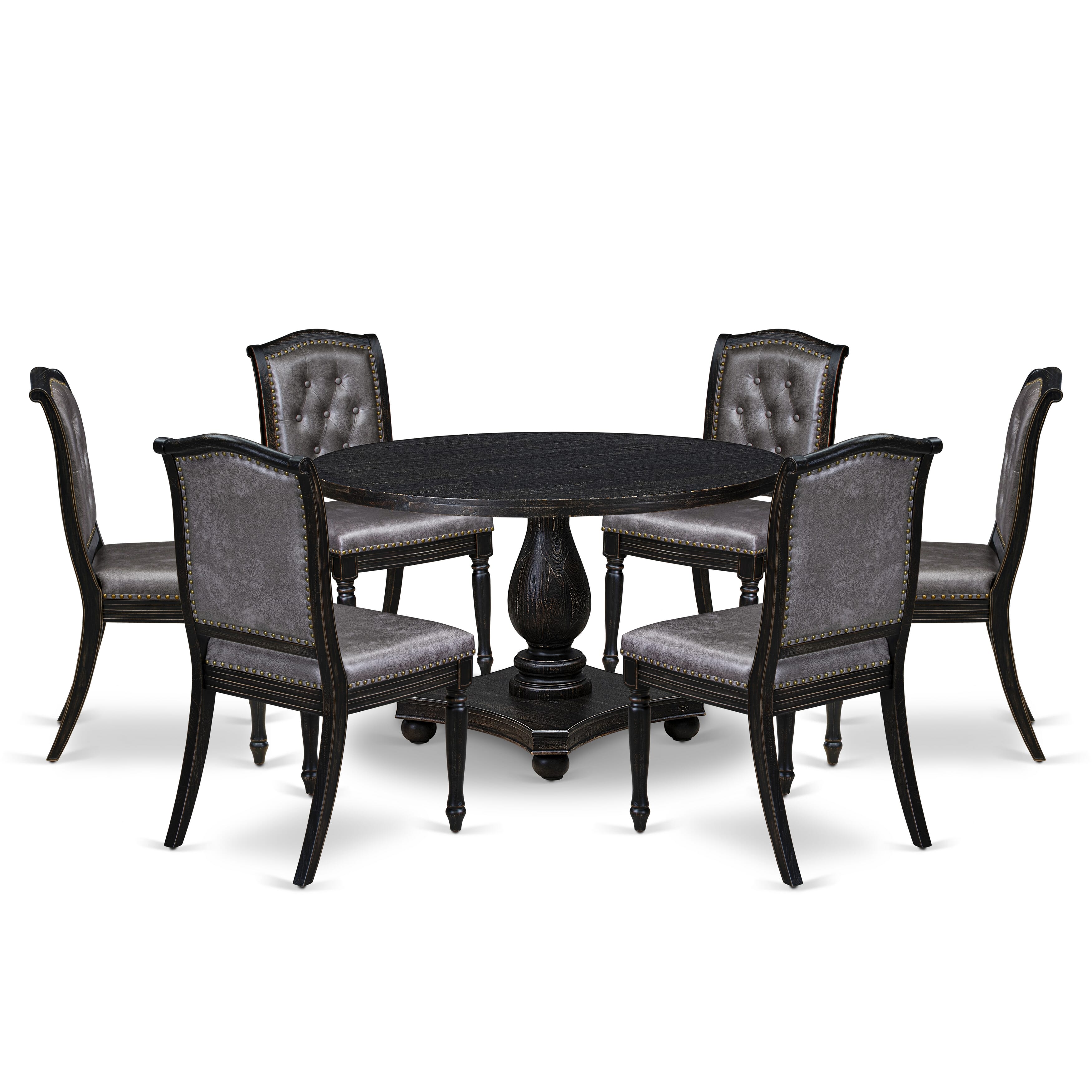 Luxe by East West Furniture - I2MA7-411-34 7-Piece Dining Set Includes a Round Mid Century Modern Table and 6 Dark Gray Polyester Chairs with High Back, Sand Blasting Black Finish.