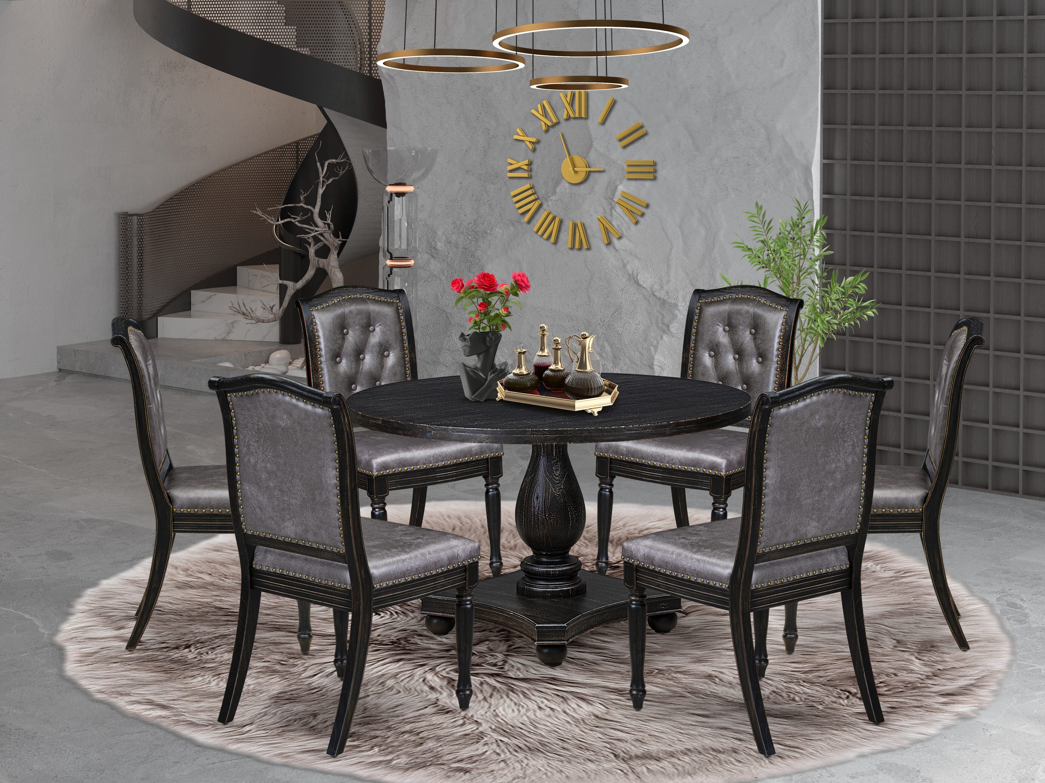 Luxe by East West Furniture - I2MA7-411-34 7-Piece Dining Set Includes a Round Mid Century Modern Table and 6 Dark Gray Polyester Chairs with High Back, Sand Blasting Black Finish.